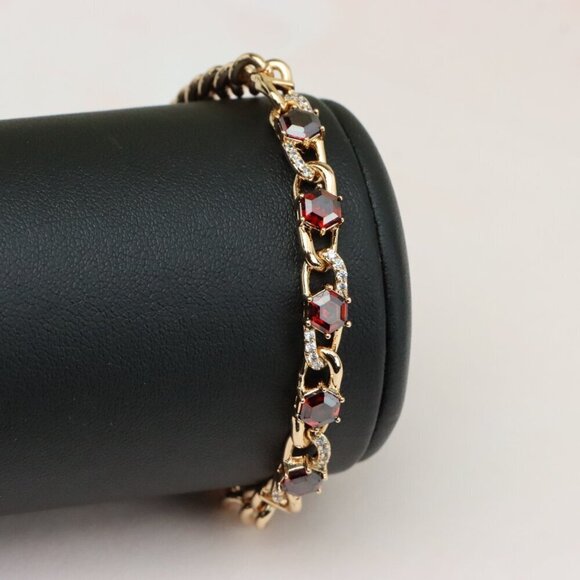 "Rose Gold Bracelet with Red Octagon Stones and CZ Link Detailing, XPBL0820 - Picture 8 of 13